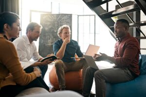 Small business, people and home with laptop for creativity, collaboration and teamwork